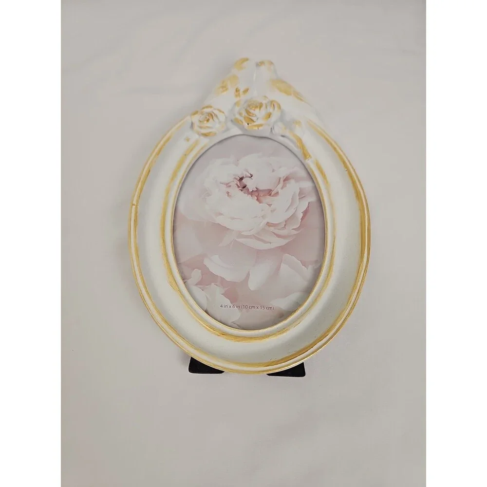 NWT White Lovebirds 4x6 Oval Picture Frame Distressed Gold Accent Decor